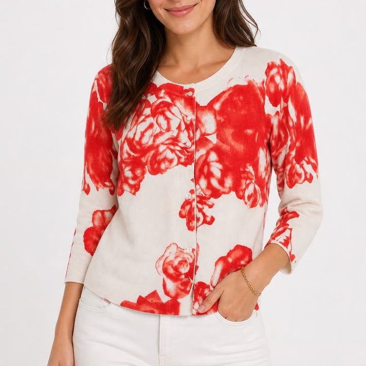 Cyrus Womens Red Rose Floral Button Front Cardigan Rhinestone White Size M