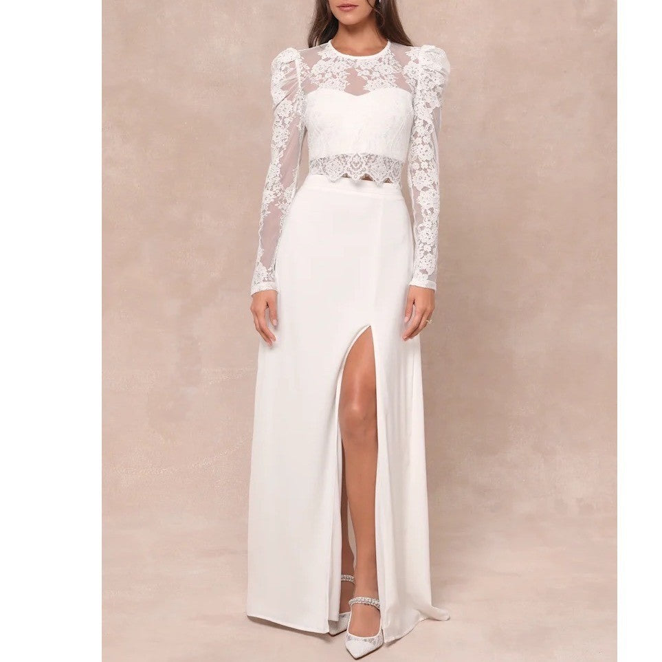 Lulus Heavenly Promise Two Piece Maxi Dress Women Small White Sheer Lace Detail