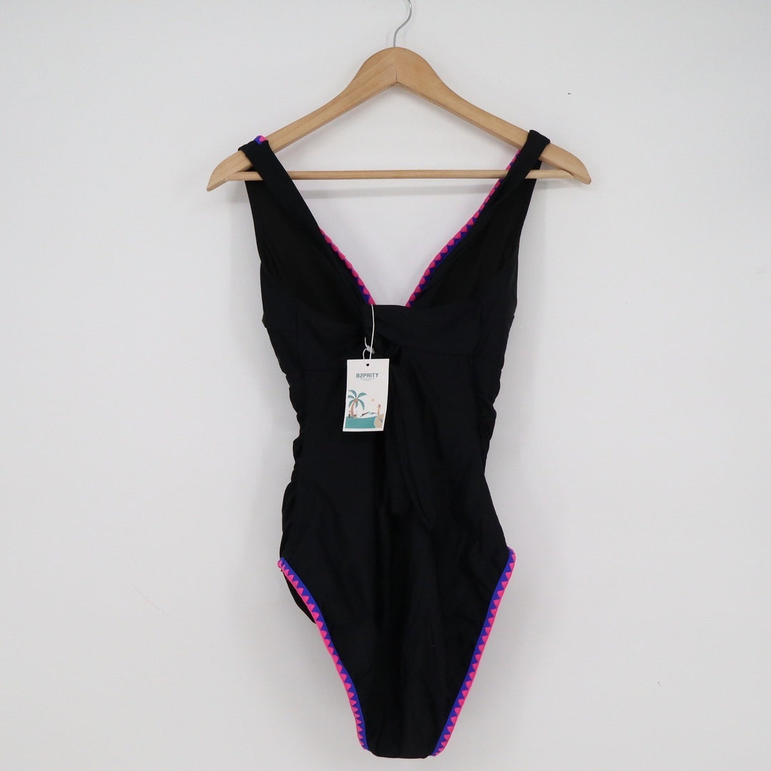 B2PRITY Black One Piece Swimsuit Ruched V-Neck Embroidered Trim Size L NEW