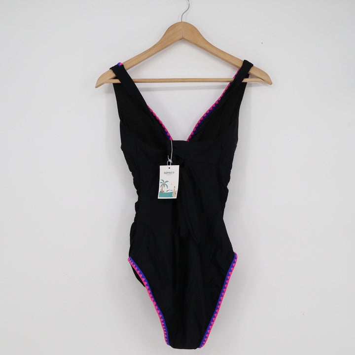 B2PRITY Black One Piece Swimsuit Ruched V-Neck Embroidered Trim Size L NEW
