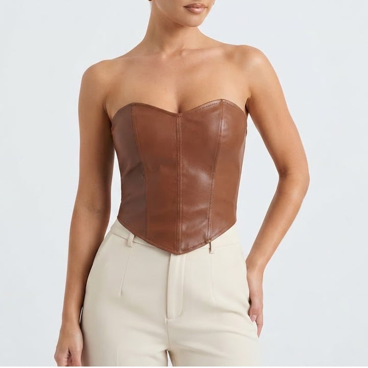 SHEIN Brown Faux Leather Corset Top Zip Back Sweetheart Neck XL 12