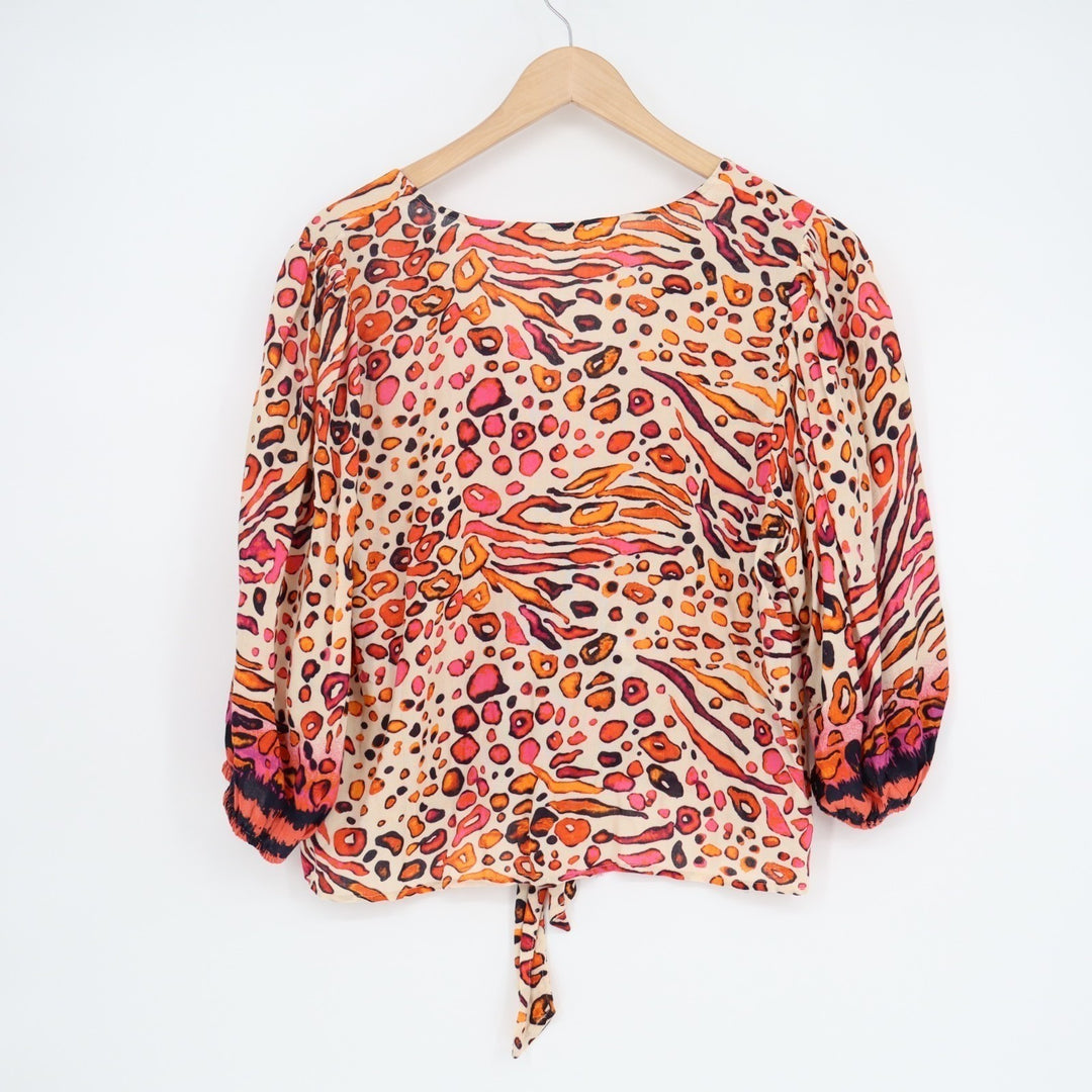 Lovestitch Gemma Crop Top Womens Medium Multi Tie Front Leopard Print V-Neck