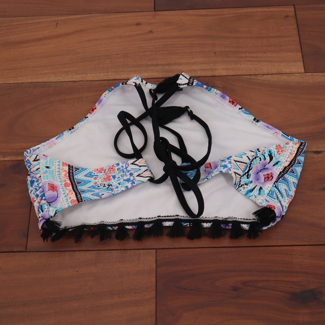 No Boundaries Womens High Neck Halter Bikini Top Blue Floral Tassel Size M 7-9