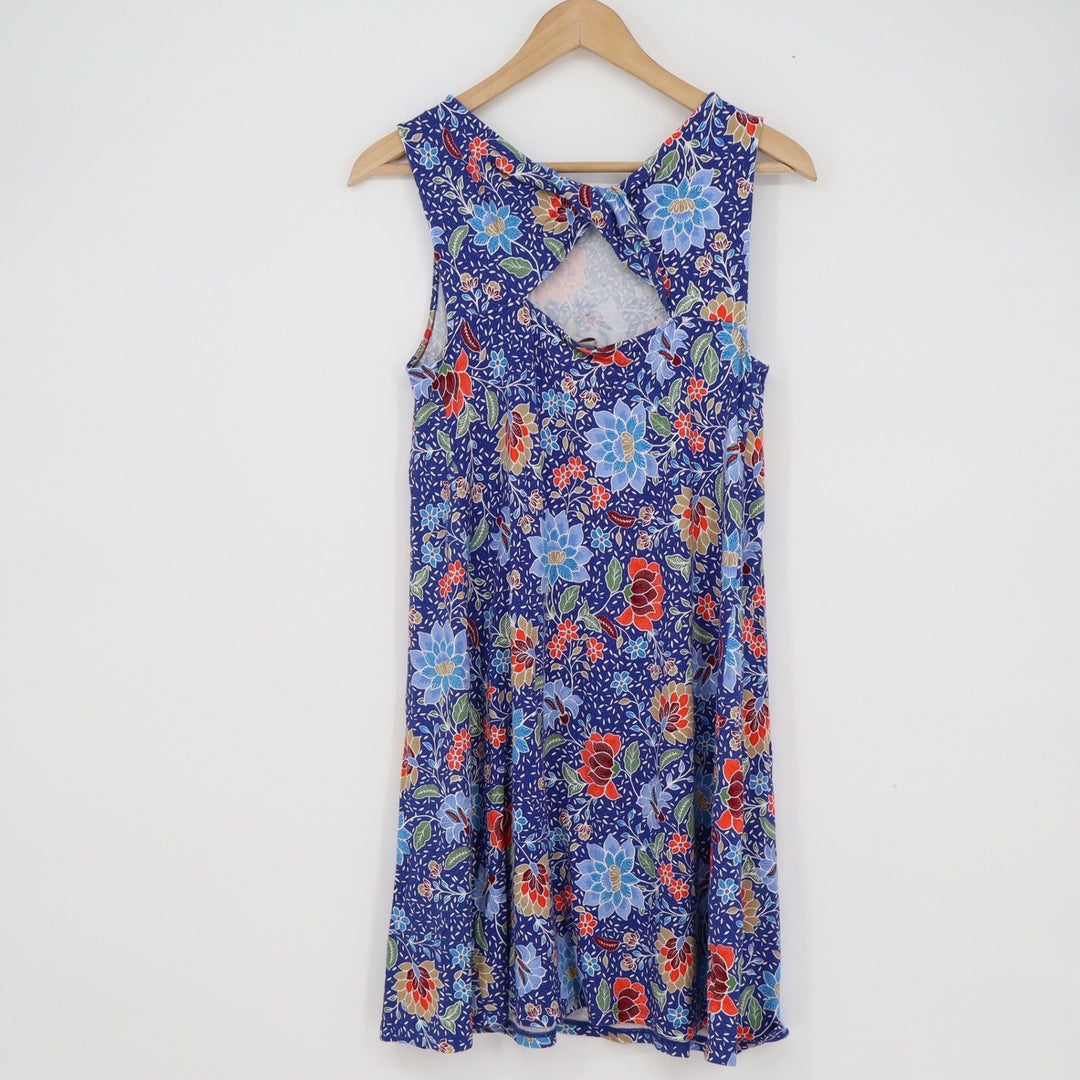 Loft Blue Floral Batik Sleeveless Shift Dress Back Cutout Mini Womens Size S