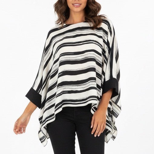 BCBGMAXAZRIA Cordelia Kaftan Top Womens 2XS White Black Striped Cuffed Sleeves