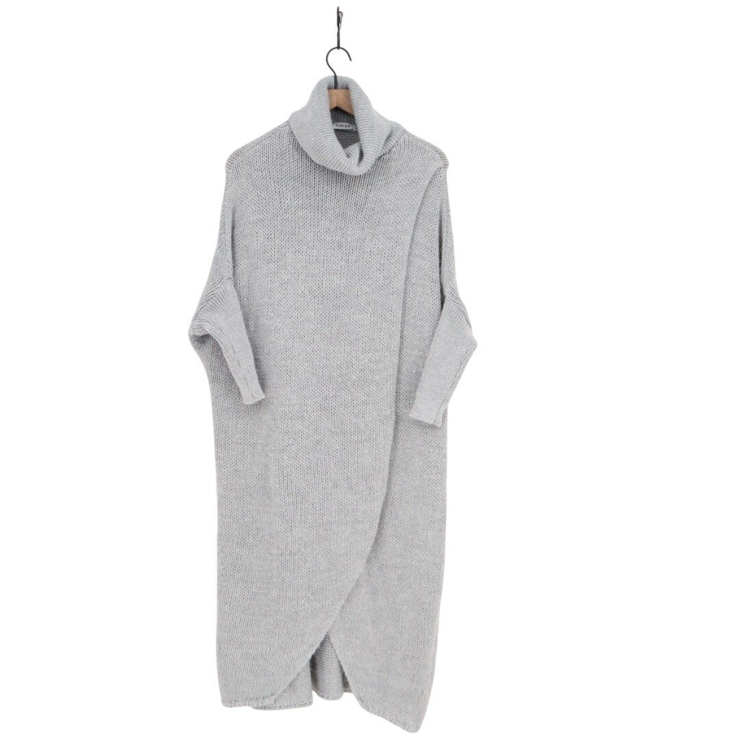 Fobya Maxi Sweater Dress Womens Gray Knitted Wrap Front Turtleneck Pullover