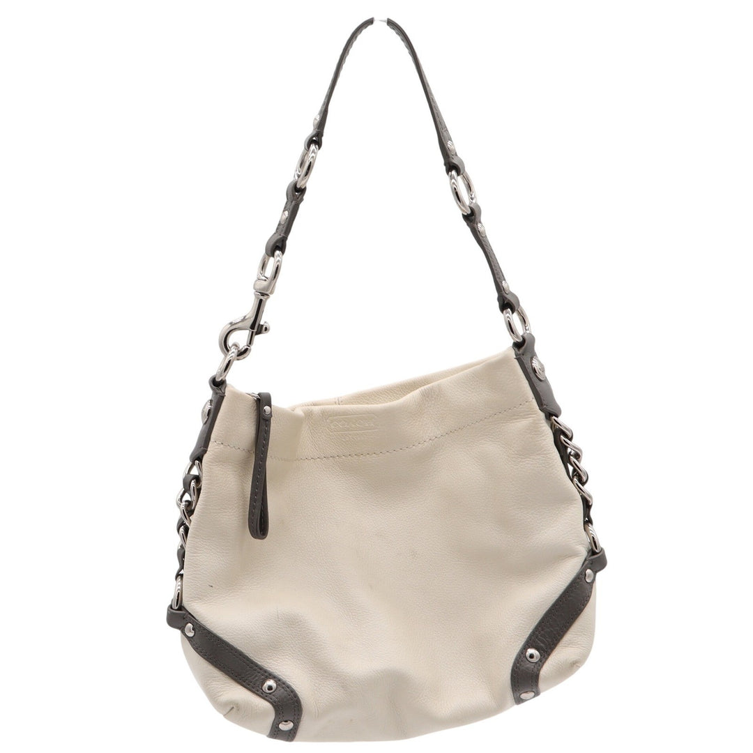 Coach Shoulder Bag Women's Hobo Cream Grey Pebbled Leather Studded Good