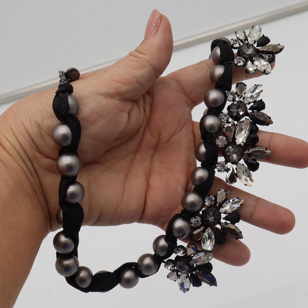 Loft Statement Necklace Gunmetal Faux Pearl Crystal Floral Bib Ribbon