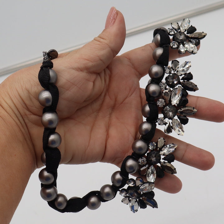 Loft Statement Necklace Gunmetal Faux Pearl Crystal Floral Bib Ribbon