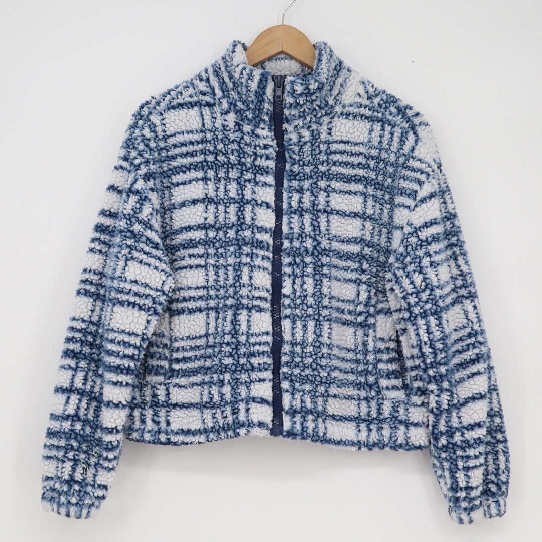 LA Hearts Womens Blue White Grid Plaid Sherpa Fleece Zip Jacket XS/S