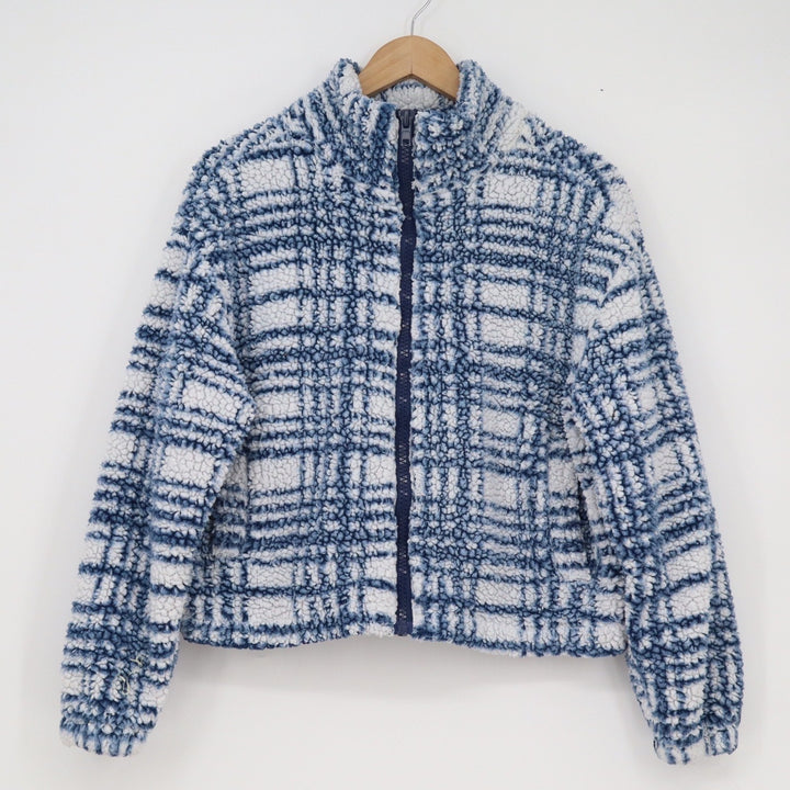 LA Hearts Womens Blue White Grid Plaid Sherpa Fleece Zip Jacket XS/S