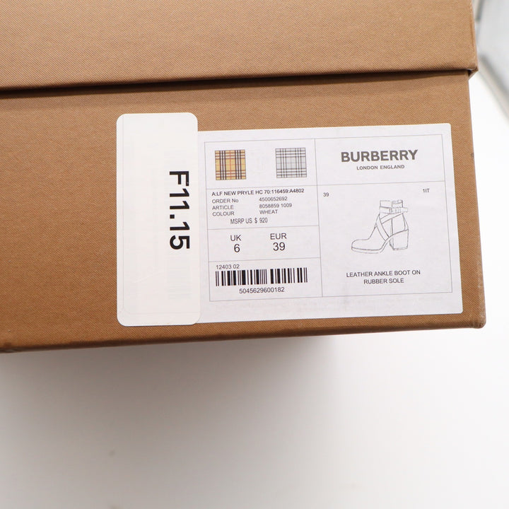 Burberry Pryle Leather House Check Ankle Boots Wheat Tan Block Heel EU 39