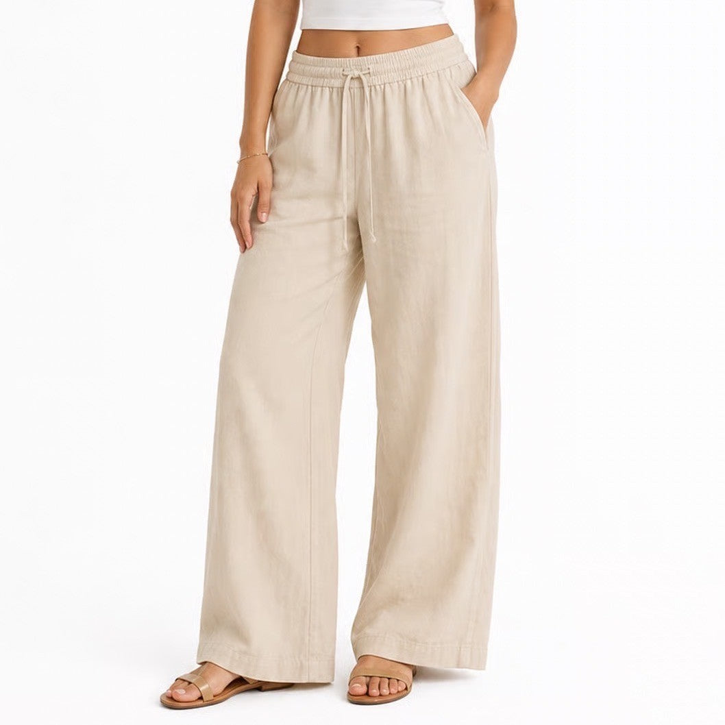 Linen Cotton Blend Wide Leg Crop Pants Beige Elastic Waist Drawstring Small