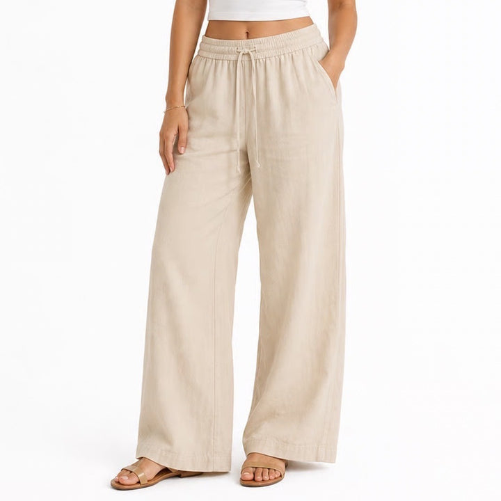 Linen Cotton Blend Wide Leg Crop Pants Beige Elastic Waist Drawstring Small