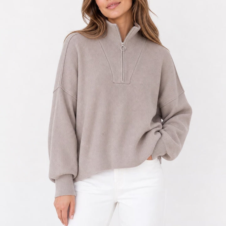 Mauve Taupe Ribbed Quarter Zip Pullover Sweater Balloon Sleeve Large