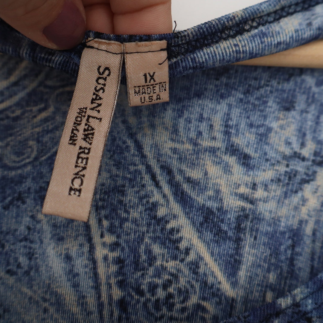 Susan Lawrence Woman Blue Paisley Scoop Neck Short Sleeve Top Plus Size 1X