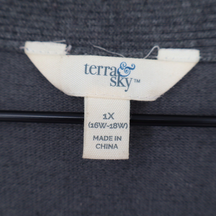 Terra & Sky Cardigan Womens 1X Grey Open Front Pockets Excellent