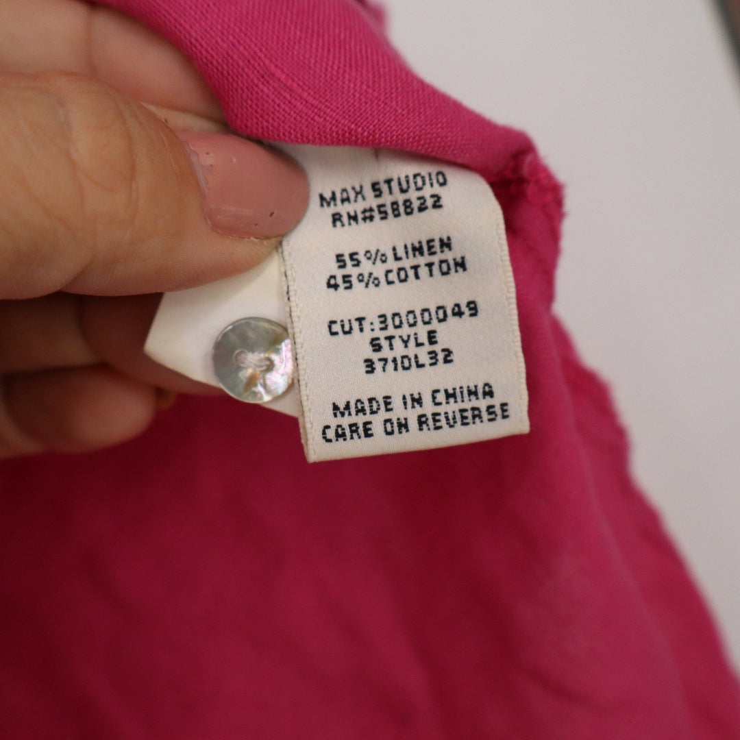 Max Studio Fuchsia Pink Linen Cotton Roll Tab Sleeve Tunic Blouse Small