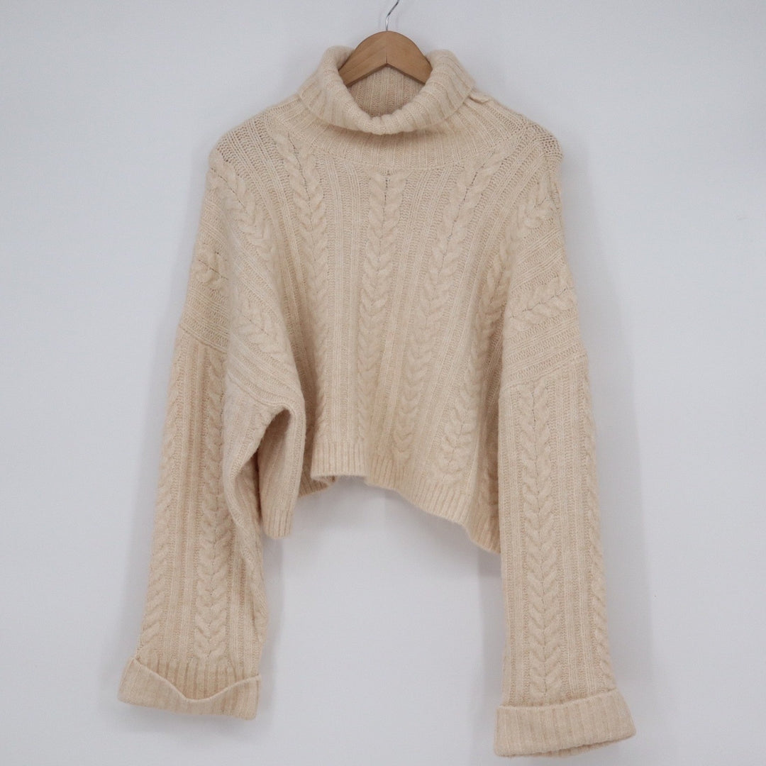 VICI Womens Cream Cable Knit Cropped Turtleneck Sweater Large