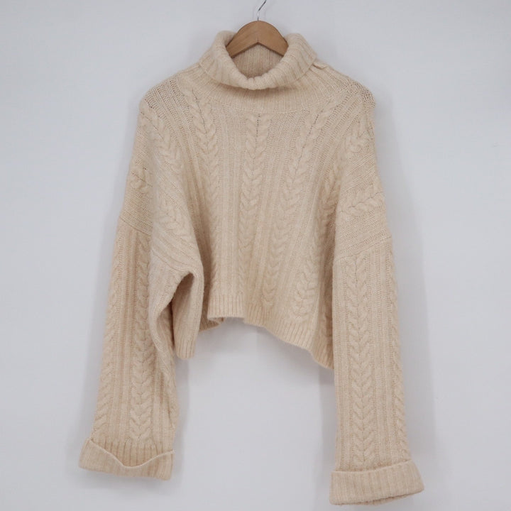 VICI Womens Cream Cable Knit Cropped Turtleneck Sweater Large