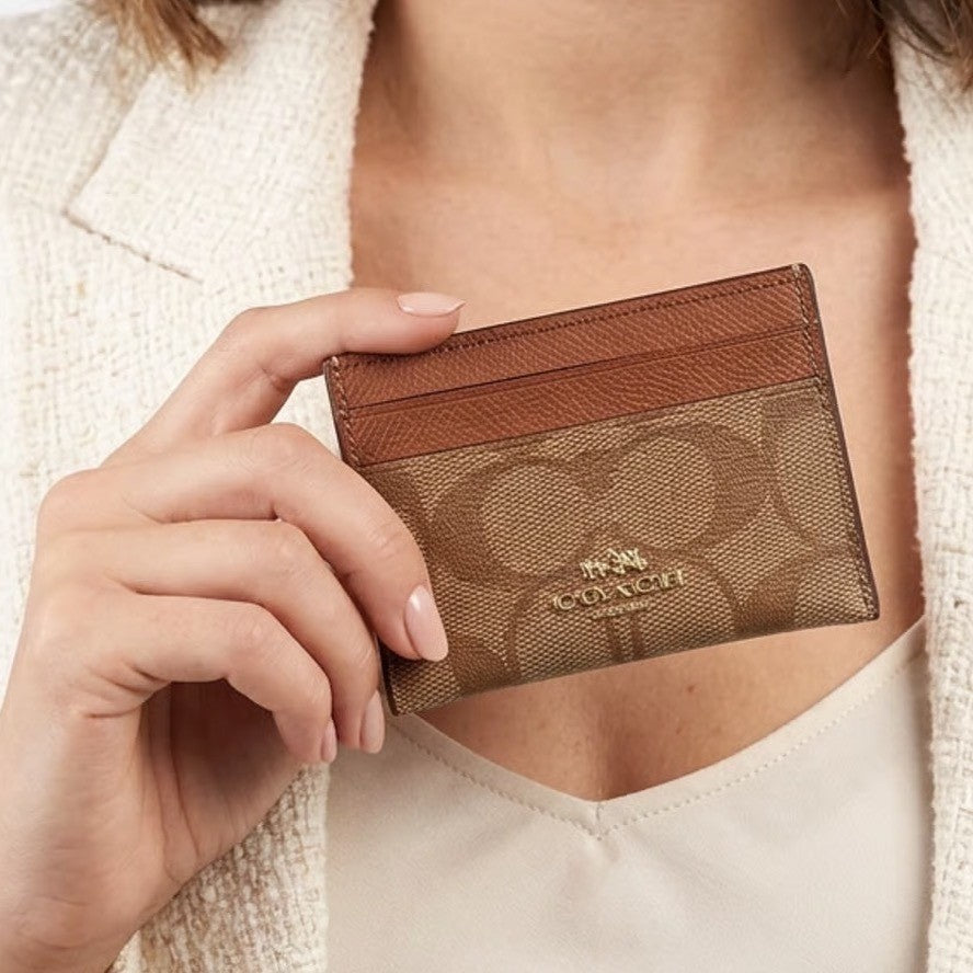 Coach Signature Canvas Card Case Wallet Tan Mahogany Brown Gold Logo