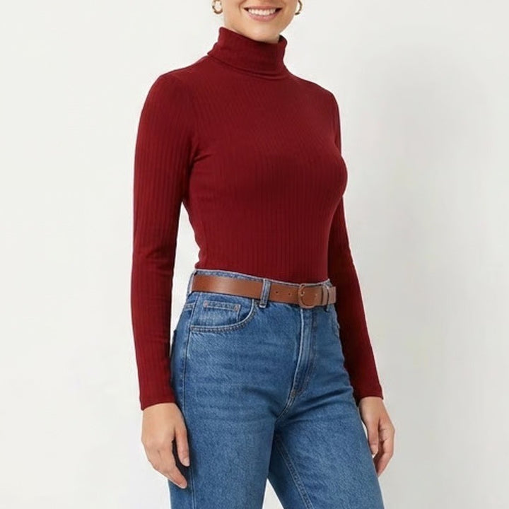 Uniqlo Heattech Extra Warm Ribbed Turtleneck Bodysuit Burgundy Red XS