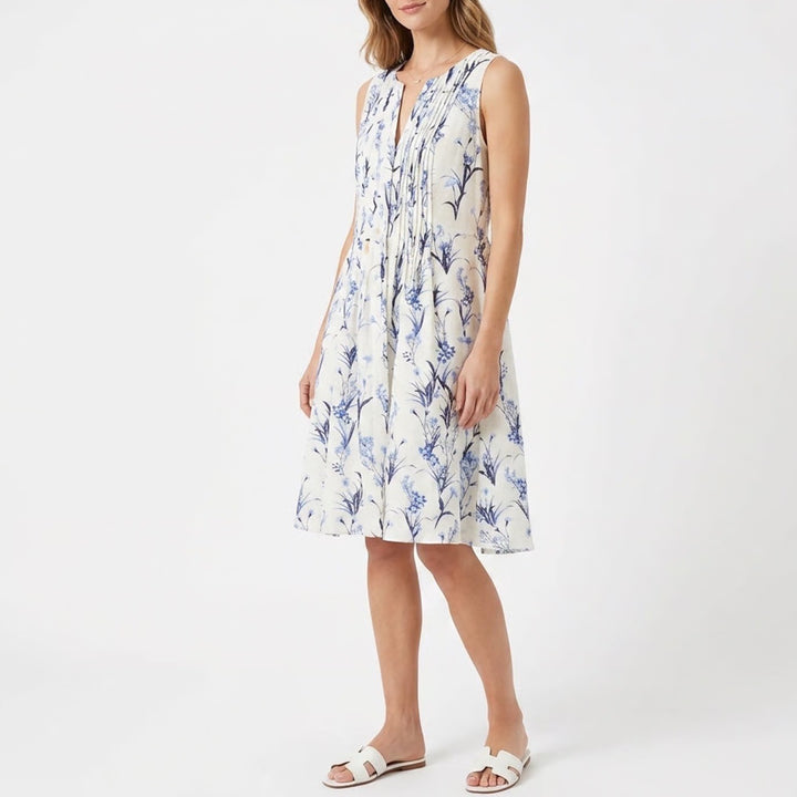 CeCe White Blue Floral Swiss Dot Pintuck V-Neck Sleeveless Cotton Dress Size 12