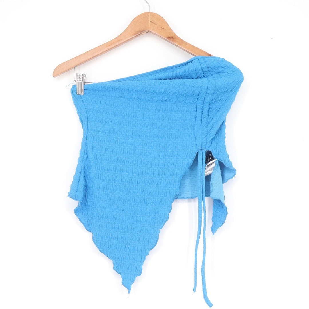 SHEIN Blue Textured Asymmetrical Tube Top Handkerchief Hem Drawstring Size M
