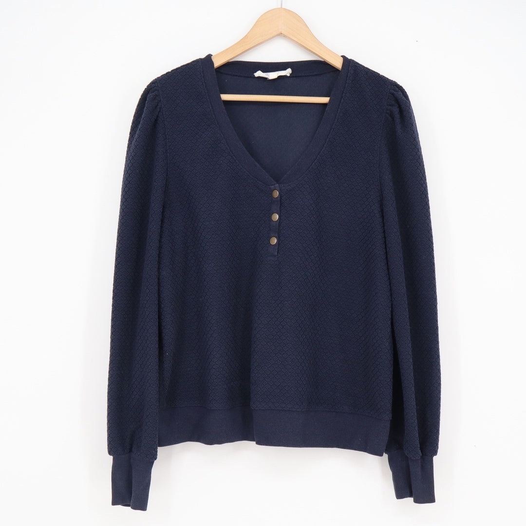 Brea Canyon Womens Navy Blue Quilted Henley Puff Sleeve V-Neck Top L