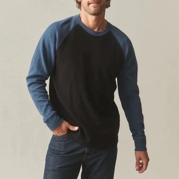 American Giant French Rib T-Shirt Mens Small Black Blue Colorblock Raglan Sleeve