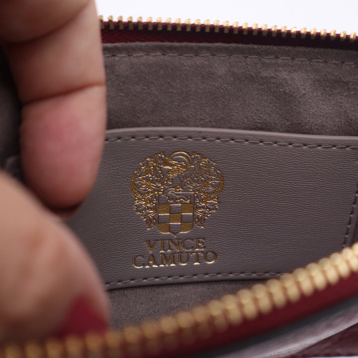 Vince Camuto Burgundy Pebbled Leather Slim Card Case L-Zip Wallet Gold Hardware