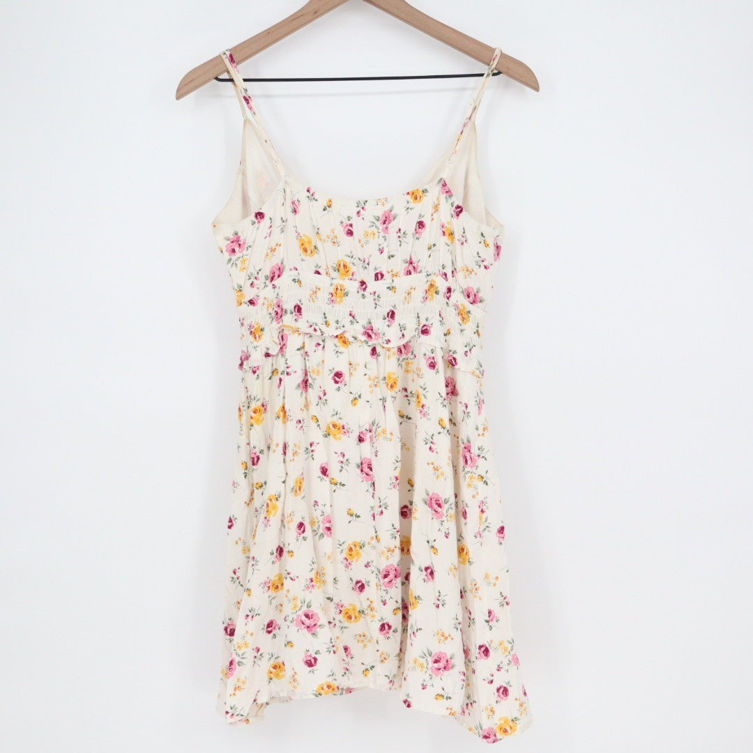 ROWA Floral Print Mini Dress Cream Pink Yellow Spaghetti Strap V Neck L