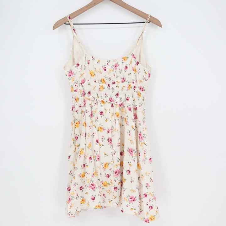 ROWA Floral Print Mini Dress Cream Pink Yellow Spaghetti Strap V Neck L