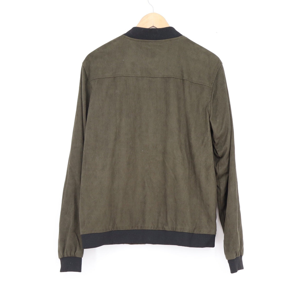 Forever 21 Men Olive Green Faux Suede Bomber Jacket Full Zip Ribbed Trim Size M