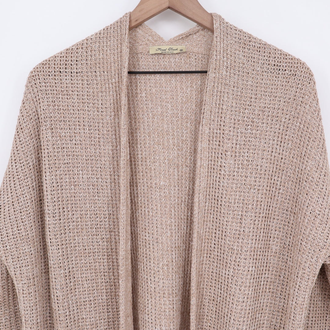 Final Touch Cardigan Sweater Womens Medium Beige Stretch Open Knit front Pockets