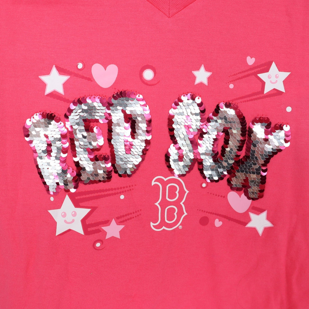 New Era Boston Red Sox Girls Pink Sequin V-Neck Graphic Tee Shirt Size 7/8 NEW