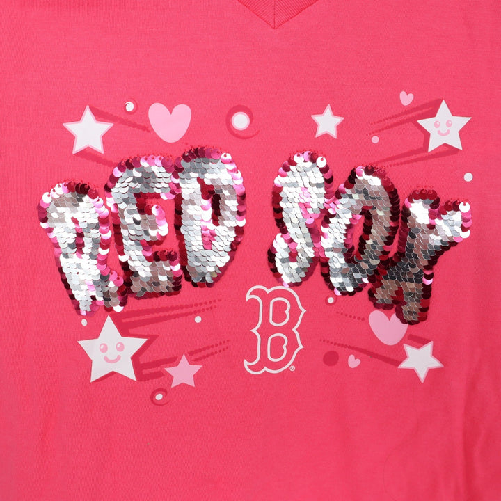 New Era Boston Red Sox Girls Pink Sequin V-Neck Graphic Tee Shirt Size 7/8 NEW