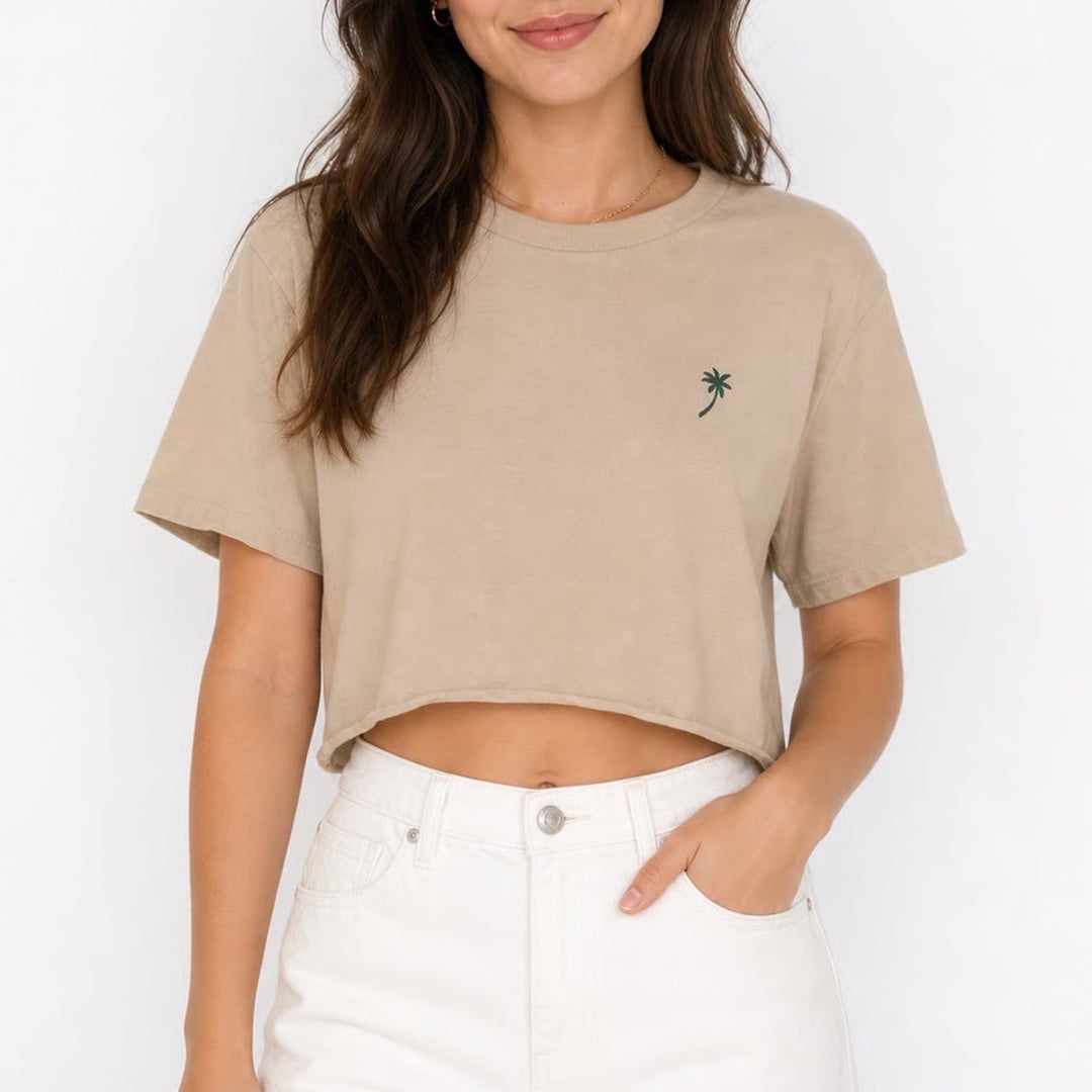 JACS Seas The Day El Nido Palawan Tan Cropped Graphic T-Shirt Palm Tree Medium