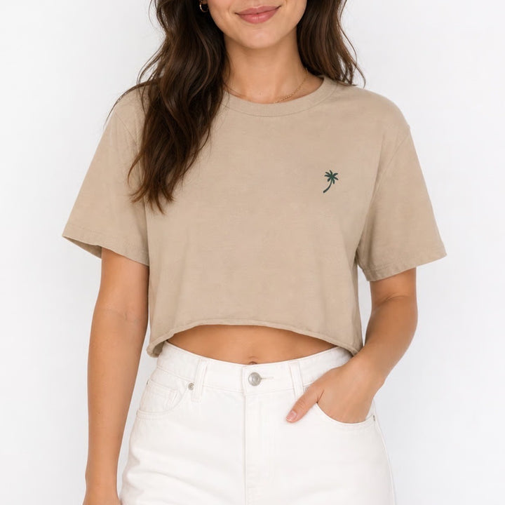 JACS Seas The Day El Nido Palawan Tan Cropped Graphic T-Shirt Palm Tree Medium