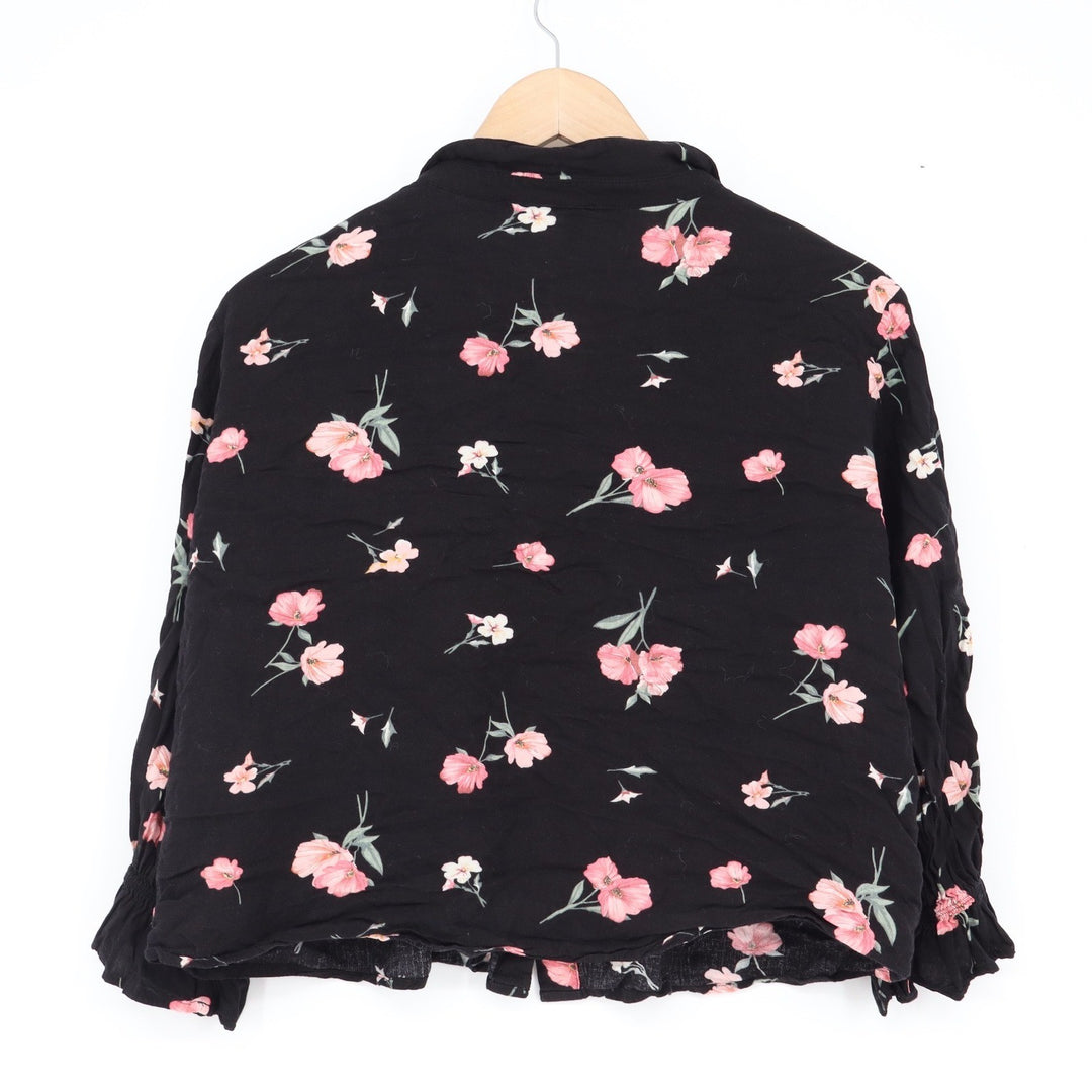 H&M Divided Black Pink Floral Viscose Button Up Blouse Smocked Size 6