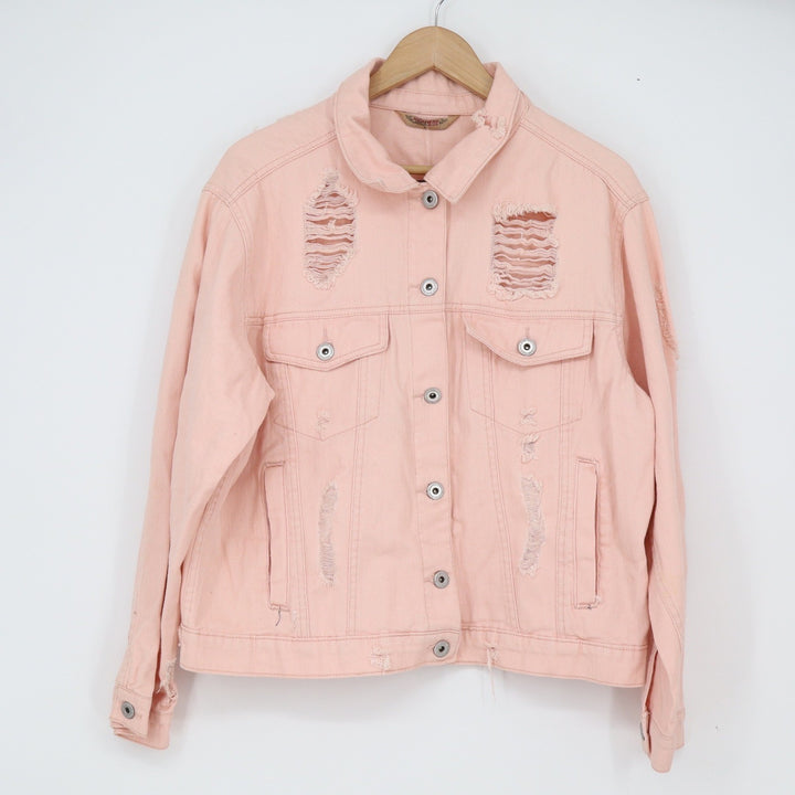 Rue21 Denim Jacket Womens L Pink Distressed Shredded Cotton NEW
