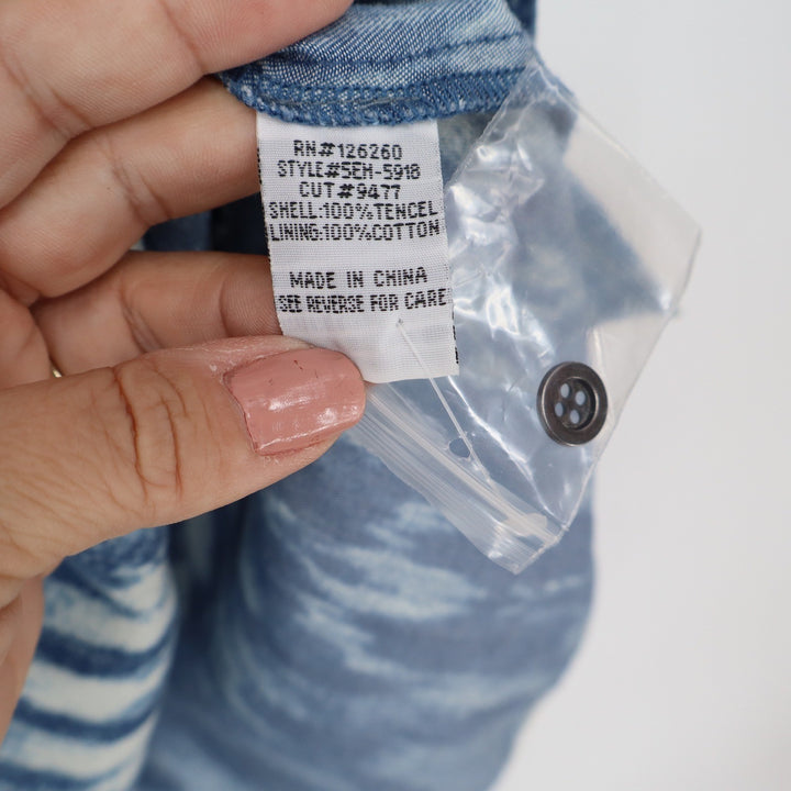 Velvet Heart Blue White Ikat Tencel Shirt Dress Roll Tab Sleeve Pockets