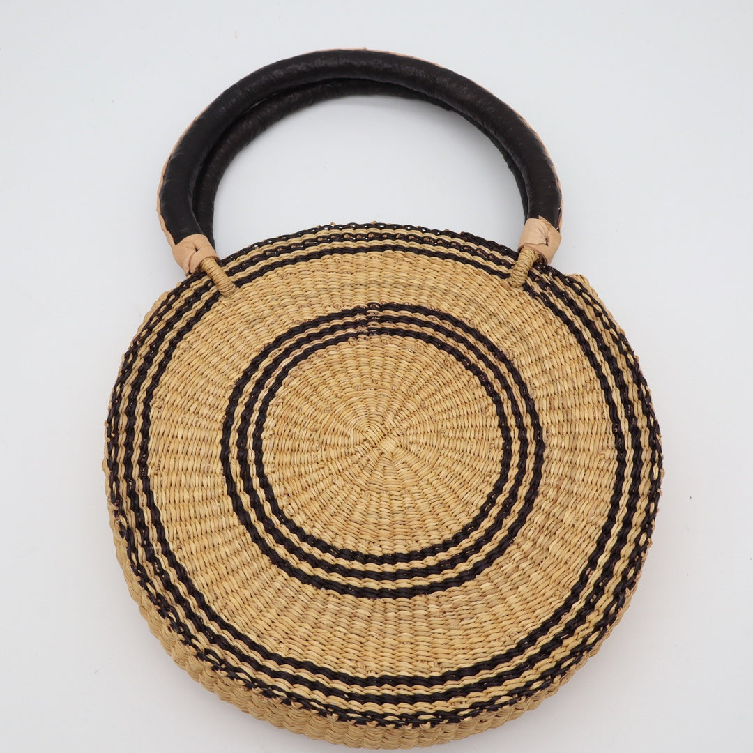 Handwoven Round Straw Tote Bag Leather Handles Boho Circle Basket Bag JCA120