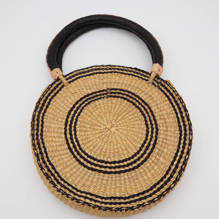 Handwoven Round Straw Tote Bag Leather Handles Boho Circle Basket Bag JCA120