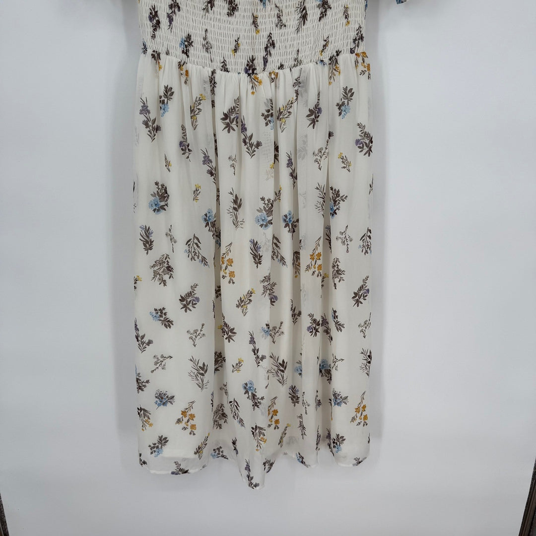 AQUA Smocked Off Shoulder Floral Midi Dress White Blue Yellow Size S