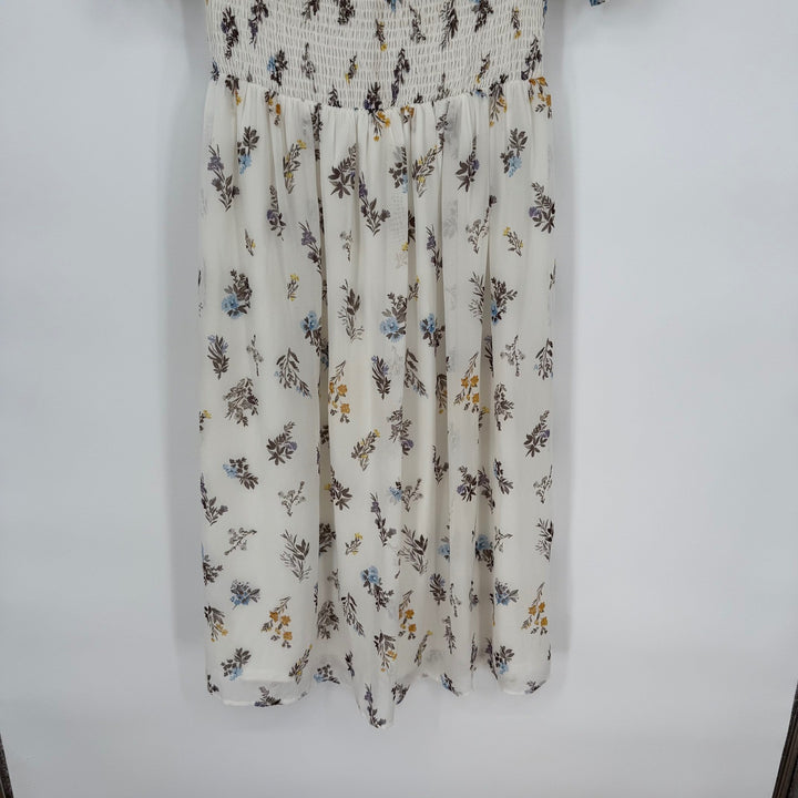 AQUA Smocked Off Shoulder Floral Midi Dress White Blue Yellow Size S