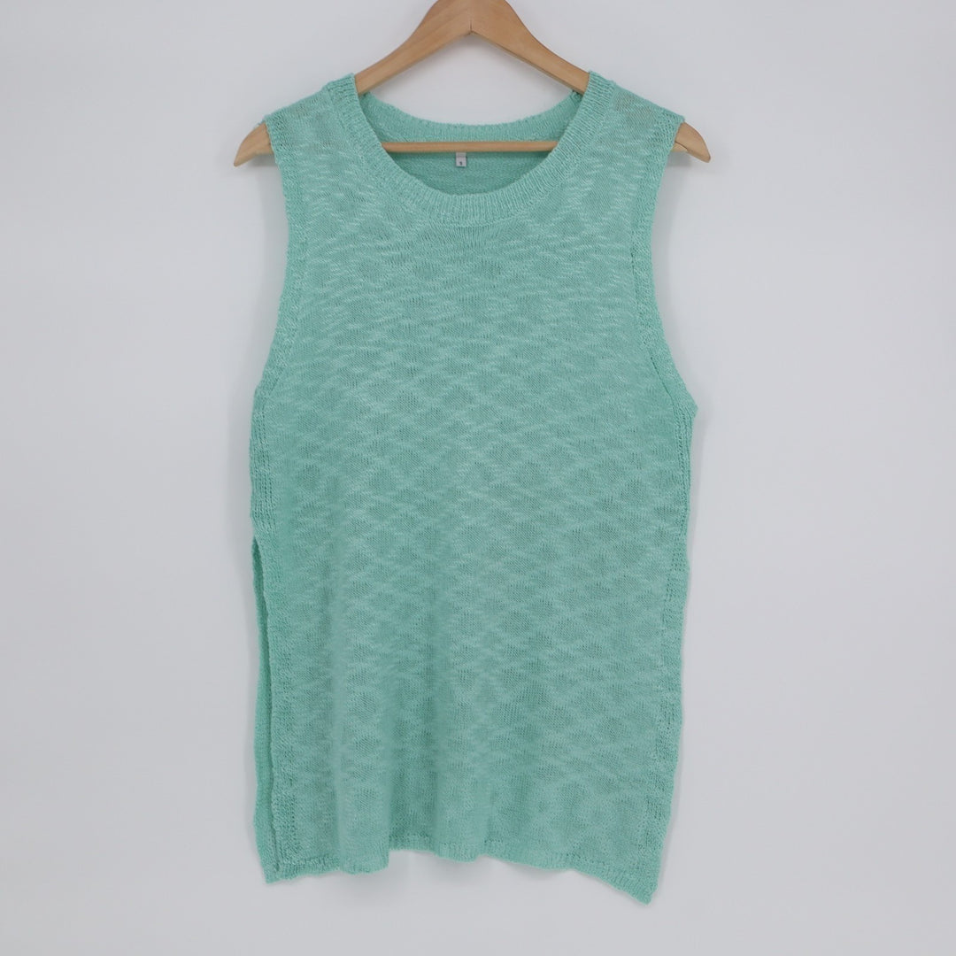 Fashion Sweater Womens S Mint Green Argyle Print Open Knit Side Slit Crew Neck