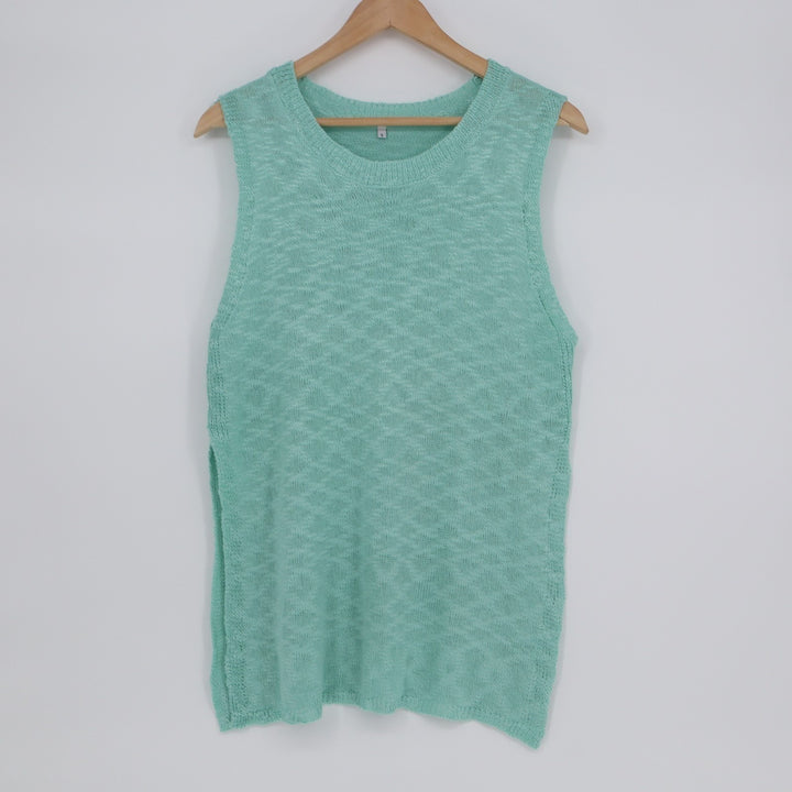Fashion Sweater Womens S Mint Green Argyle Print Open Knit Side Slit Crew Neck