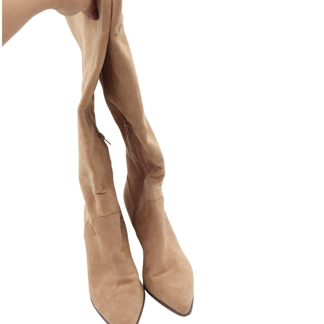 Oasis Society Womens Tan Faux Suede Pointed Toe Block Heel Knee High Boots 8.5