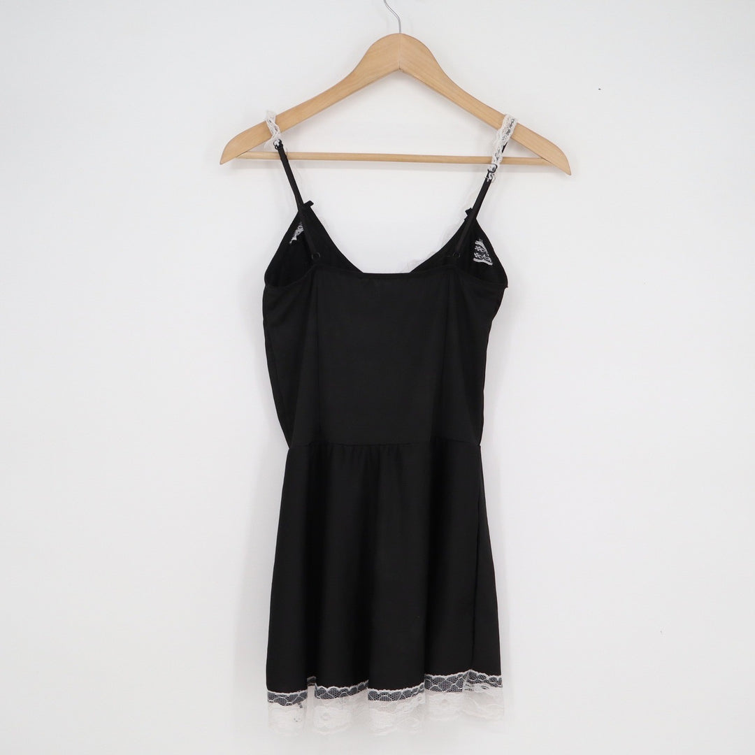 Black Lace Up Corset Mini Dress White Lace Trim Spaghetti Strap Goth Coquette